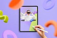 Abstract memphis tablet screen with hand holding stylus AD