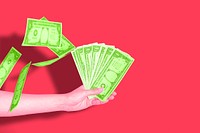 Hand holding money, red background