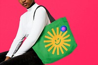 Green tote bag mockup, eco-friendly product psd