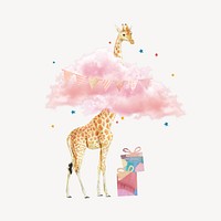 Birthday giraffe with pink clouds collage element