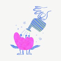 Hand watering flower, plant doodle psd