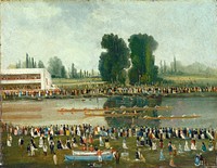 Rowing Scene: Crowds Watching from the River Banks in the late 19th century by E. Levy.  