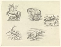 Pegasus, paard met veulen, vis, hert en een meeuw (ca. 1891–1941) drawing in high resolution by Leo Gestel. 