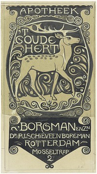 Vignet Apotheek 't Goude Hert, Rotterdam (1878&ndash;1938) drawing in high resolution by Richard Roland Holst.  