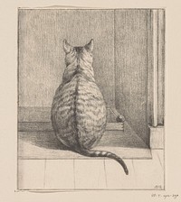 Zittende kat, van achteren (1812) drawing in high resolution by Jean Bernard.  