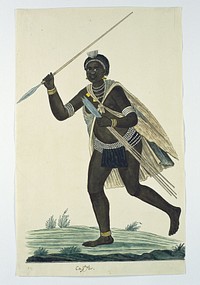 Running man holding an assegai in his right hand and four assegais in his left (1776–1795) painting in high resolution by Robert Jacob Gordon.  