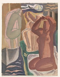 Twee badende vrouwen en een rugfiguur (c. 1929–1930) painting in high resolution by Leo Gestel.  