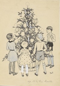 Vier kinderen rondom een kerstboom (c. 1928 - c. 1941) drawing high resolution by Miep de Feijter. Original from The Rijksmuseum. 