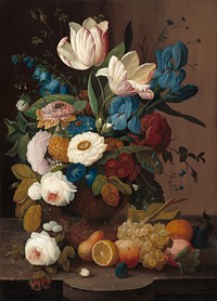 Still Life, Flowers, and Fruit (1848) by Severin Roesen.  