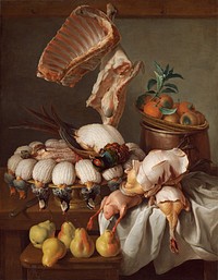 Still Life with Dressed Game, Meat, and Fruit (1734) by Alexandre–François Desportes.  