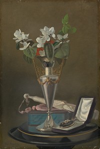 Still Life with Fan and Pendant (ca. 1865–1875) by Samuel Marsden Brookes.  