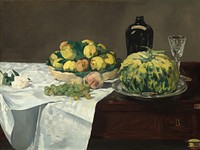 Still Life with Melon and Peaches (c. 1866) painting in high resolution by Edouard Manet.  