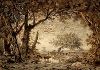 Sunset from the Forest of Fontainebleau (1848) painting in high resolution by Théodore Rousseau. 