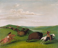 Buffalo Chase with Bows and Lances (1832–1833) painting in high resolution by George Catlin.  