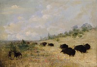 Elk and Buffalo Grazing among Prairie Flowers, Texas (1846–1848) painting in high resolution by George Catlin.  