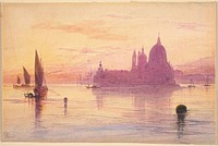 Santa Maria della Salute, Venice, at Sunset (1865–1884) painting in high resolution by Edward Lear.  