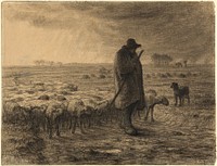 Shepherd Returning with His Flock (ca. 1860) drawing in high resolution by Jean–François Millet.  