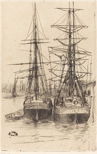 Two Ships (1875) drawing in high resolution by James McNeill Whistler.  