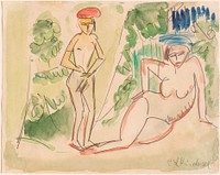 Two Bathers near the Woods (ca.1910–1911) painting in high resolution by Ernst Ludwig Kirchner.  