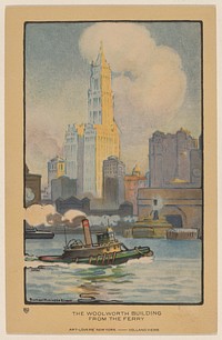 The Woolworth Building from the Ferry (1914) from Art–Lovers New York postcard in high resolution by Rachael Robinson Elmer.  