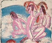 Three Bathers by Stones (1913) print in high resolution by Ernst Ludwig Kirchner.  