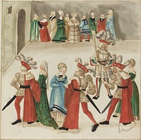 Three Men in Red Capes Dancing with Their Partners (ca. 1515) by German 16th Century.  