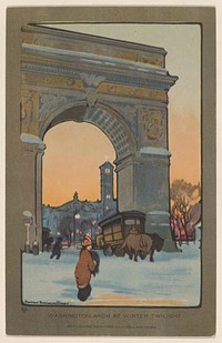 Washington Arch at Winter Twilight (1914) from Art–Lovers New York postcard in high resolution by Rachael Robinson Elmer.  