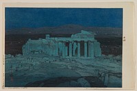 Ancient Ruins of Athens (Acropolis — Night) (1925) print in high resolution by Yoshida Hiroshi. 