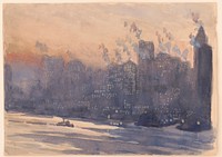 New York City harbor and skyline at night (between ca. 1921 and 1926) painting in high resolution by Joseph Pennell.  