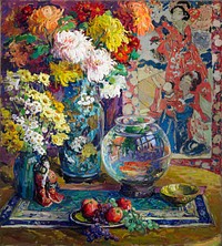 Fish, Fruits, and Flowers (c.1923) painting in high resolution by Kathryn E. Cherry. 