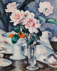 Pink Roses in a Glass Vase (late 1920s) painting in high resolution by Samuel John Peploe. 