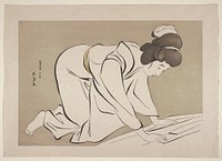 Woman Folding a Kimono (1953) print in high resolution by Goyō Hashiguchi.  