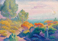 Two Women by the Shore, Mediterranean (1896) painting in high resolution by Henri-Edmond Cross. Original from Barnes Foundation. 