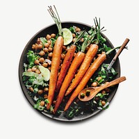 Baked carrots on chickpeas salad collage element psd