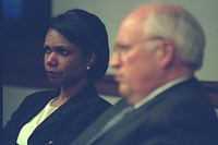 Vice President Cheney with National Security Advisor Condoleezza Rice in the President's Emergency Operations Center (PEOC). Original public domain image from Flickr