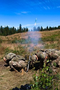 Mortar men with Headquarters and Headquarters Company, 1st Battalion, 503rd Infantry Regiment, 173rd Airborne Brigade, assist an ally from 1st Brigade Estonian Defense Force as he hangs a mortar into a tube during a mortar live fire exercise, Estonia, Aug. 7. The Soldiers from the Estonian army were able to compare and contrast their methods and procedures for properly executing the firing of a mortar in relation to the American Soldiers' procedures during the combined training opportunity.