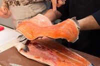 Salmon cutting, chef training. Original public domain image from Flickr