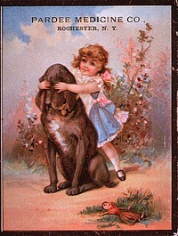 Pardee Medicine Co., Rochester, N.Y (1886) . Advertisement for Dr. Pardee's Remedy, which claims to cure a variety of ailments. Card features a young girl standing behind a dog, with her hands over the dog's eyes. Original public domain image from Flickr