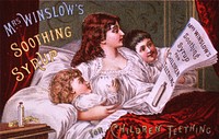 Mrs. Winslow's Soothing Syrup for children teething. Advertisement for Mrs. Winslow's Soothing Syrup. This product was for teething children and contained morphine. Card features a mother in bed with her children. She is reading a newspaper advertisement for Mrs. Winslow's Soothing Syrup. Original public domain image from Flickr