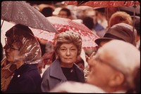 Fountain Square in Downtown Cincinnati Is a Public Square That Works for the City and Its People in a Myriad of Ways: Light Rain Falls at End of Noontime Israeli Birthday Celebration 05/1973. Photographer: Hubbard, Tom. Original public domain image from Flickr