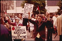 Fountain Square in Downtown Cincinnati Is a Public Square That Works for the City and Its People in a Myriad of Ways: Pro-Arab Pickets at Israeli Birthday Celebration 05/1973. Photographer: Hubbard, Tom. Original public domain image from Flickr