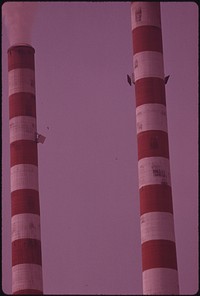 Closeup of the Smokestacks of the Tennessee Valley Authority Steam Plant at Cumberland City, near Clarksville Tennessee, Coal for Its Furnaces Arrives by Barge and Is Unloaded by Automated Equipment.