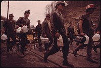 Miners Who Have Just Returned to the Surface of Virginia-Pocahontas Coal Company Mine #4 near Richlands, Virginia 04/1974. Photographer: Corn, Jack. Original public domain image from Flickr