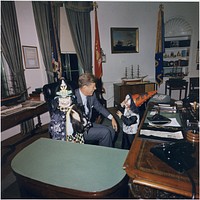 Halloween Visitors to the Oval Office. Caroline Kennedy, President Kennedy, John F. Kennedy, Jr. White House, Oval Office, 10/31/1963. Original public domain image from Flickr