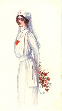 Nurse holding a bouquet of roses behind her back. A color drawing of a sad looking young nurse in a white uniform, with a red cross on her chest and headdress, holding a bouquet of red and pink roses behind her back. Original public domain image from Flickr