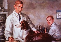 Drs. Banting and Best In The Laboratory (1921) Dr. Banting standing, one hand on a dog, the other making notes on pad. Dr. Best is seated at a microscope. August 14, 1921.Original public domain image from Flickr