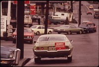 After Hours in a Gasoline Line a Driver Could Arrive at the Pumps and Find Out That the Car Ahead of Him Was the Last to Get Fuel. So Many Stations, Such as This One in Portland, Began Using a "Sorry" Sign on the Last Car to Get Gas 12/1973.