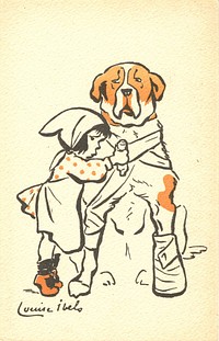 Little girl bandaging a large dog]Author(s): Ibels, Louise, 1891-1965, artistAbstract: Color illustration of a little girl wearing an orange polka dot shirt, white apron, white hat, black socks and orange shoes. She is standing on her toes while bandaging a large dog around its neck. The dog is already bandaged around its left foot and right leg. Artist signature in lower left-hand corner.Original public domain image from Flickr 