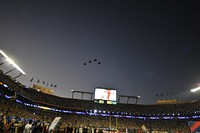 Four F-15 Eagle fighter aircraft from the 125th Fighter Wing (FW), Florida Air National Guard perform a flyover as part of Super Bowl XLIV pregame activities at Sun Life Stadium in Miami, Fla., Feb. 7, 2010.