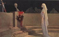 The parody of justice at the court of Kultur. Postcard featuring a color illustration of Edith Cavell in a Red Cross uniform standing and facing a skeleton in black robes. The podium in front of the skeleton is bloody. The skeleton is holding a bloodied sword out to his right. 3 black-cloaked figures can be seen in the background. Original public domain image from Flickr